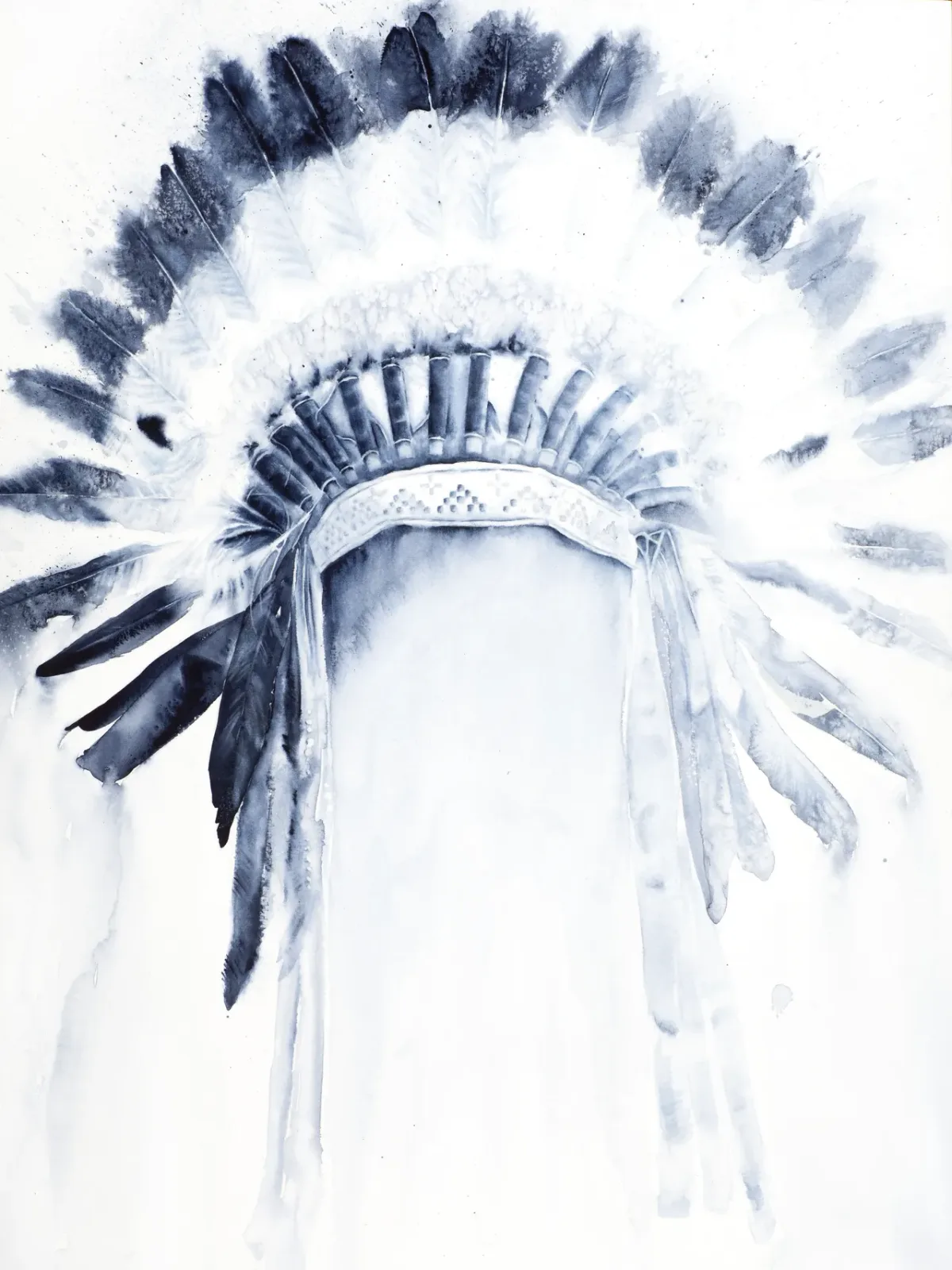 Ink portrait of a figure wearing a feathered headdress, rendered in cadet blue and alabaster tones.