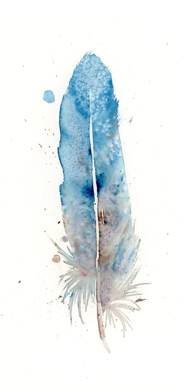 A single feather rendered in watercolor, transitioning from midnight blue at the tip to soft neutrals at the base.