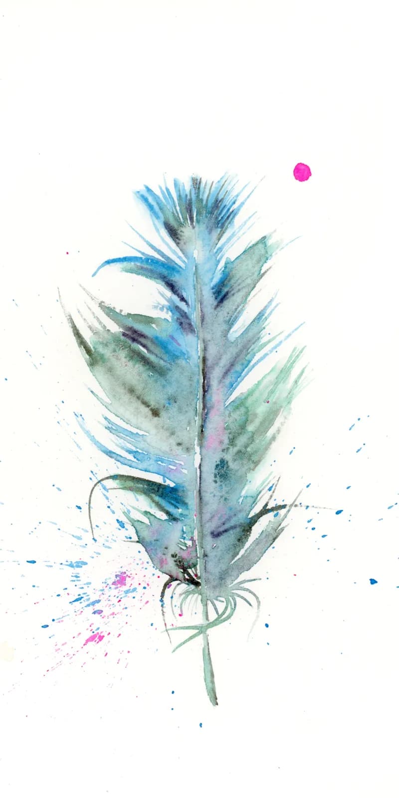A blue feather with botanical form rendered in watercolor with orchid and tower gray splashes.