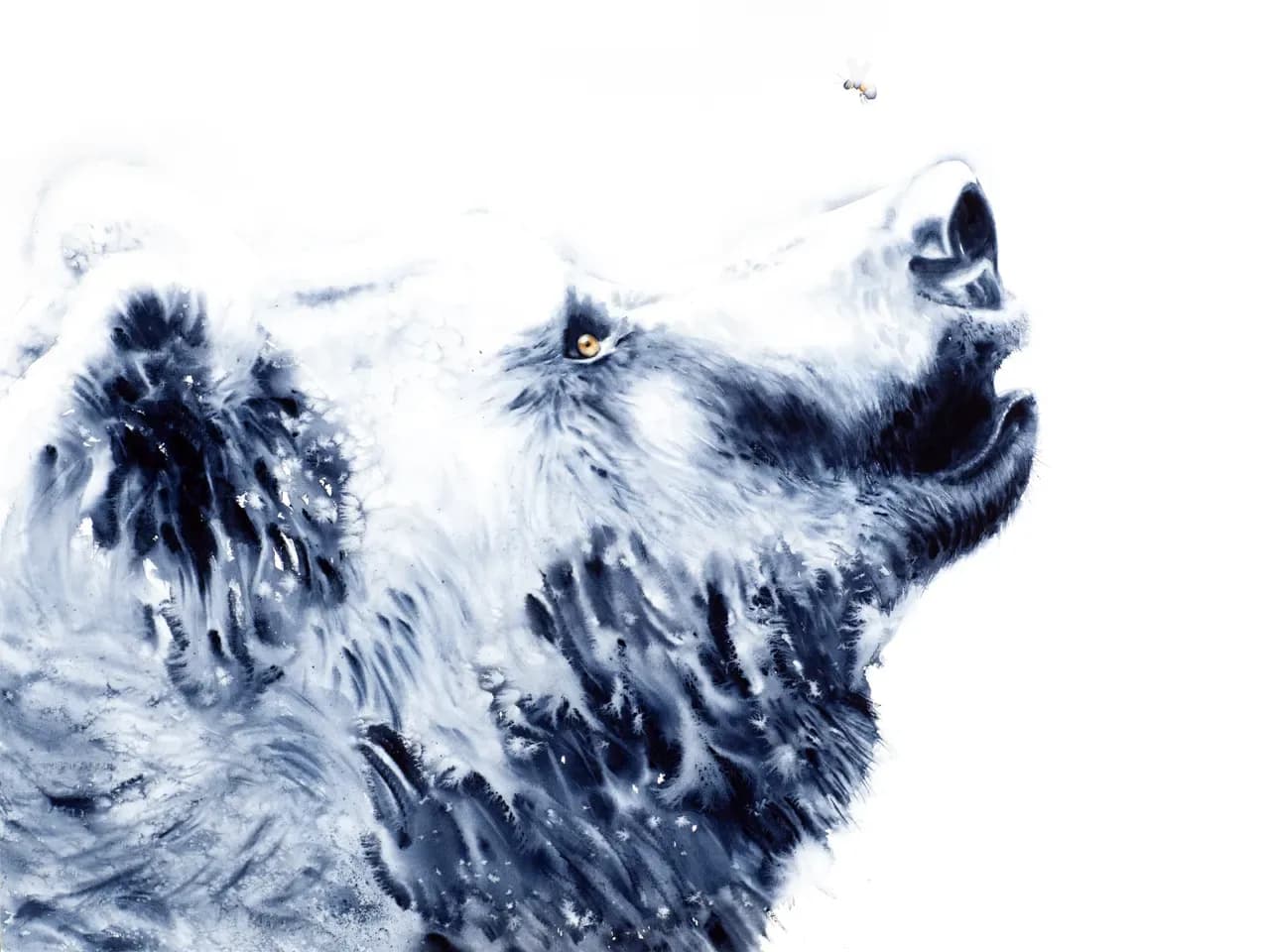 A wolf in snow gazes skyward, rendered in blue and white watercolor with photorealistic detail.