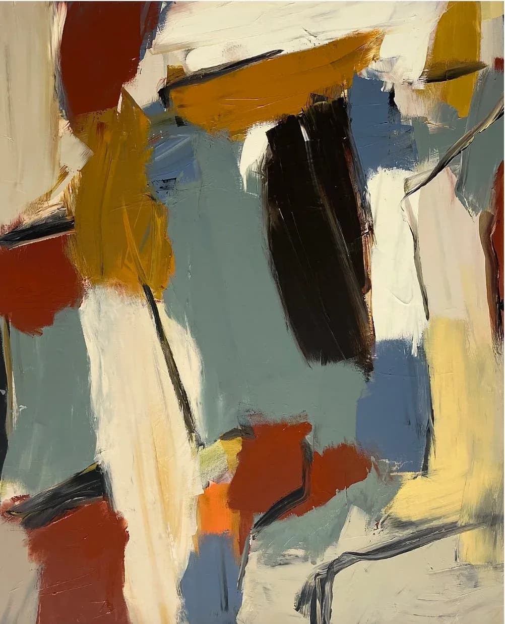 Abstract oil painting with gestural brushwork in ochre, cream, slate blue, and deep red tones.