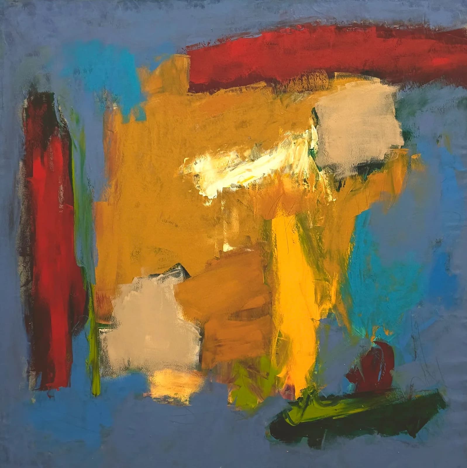 Abstract oil painting with bold gestural strokes in carmine, ochre, and blue tones.
