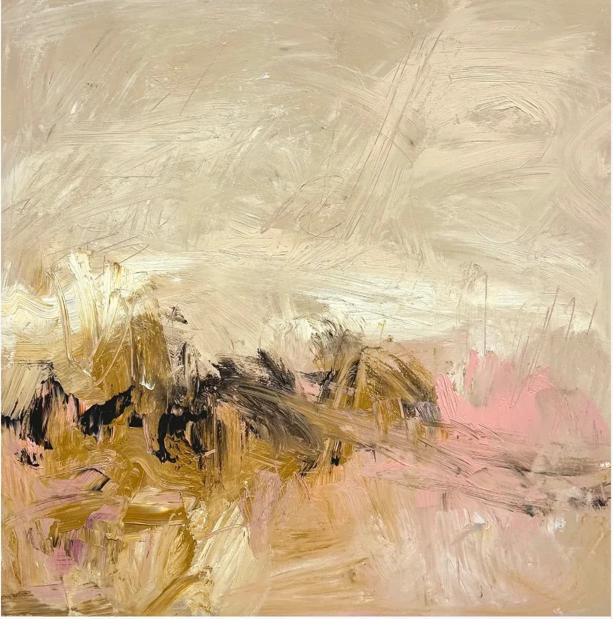 Abstract oil painting with gestural brushwork in driftwood, muddy waters, and cashmere tones depicting an impressionistic landscape.