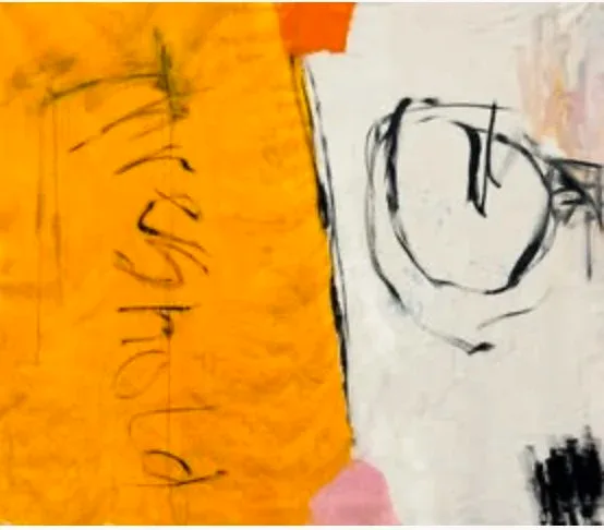 Abstract mixed-media collage combining vibrant gold and cream paper with expressive ink gestures and lines.