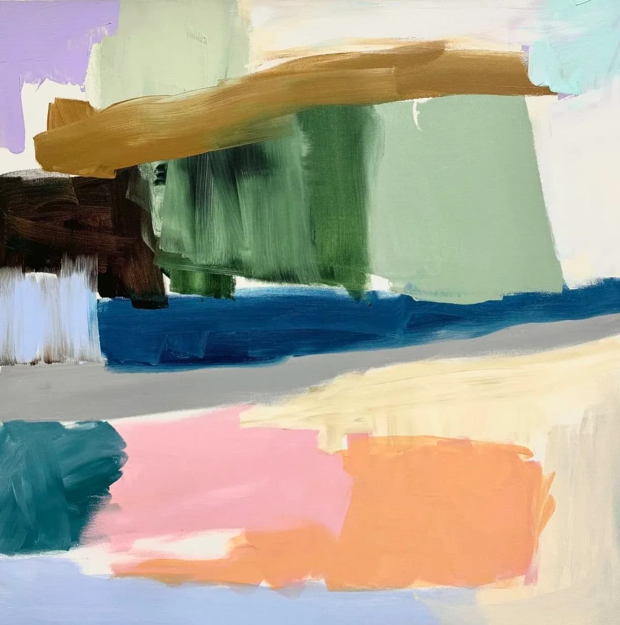 Abstract coastal landscape with gestural brushwork in blue, pink, parchment, and gold tones.