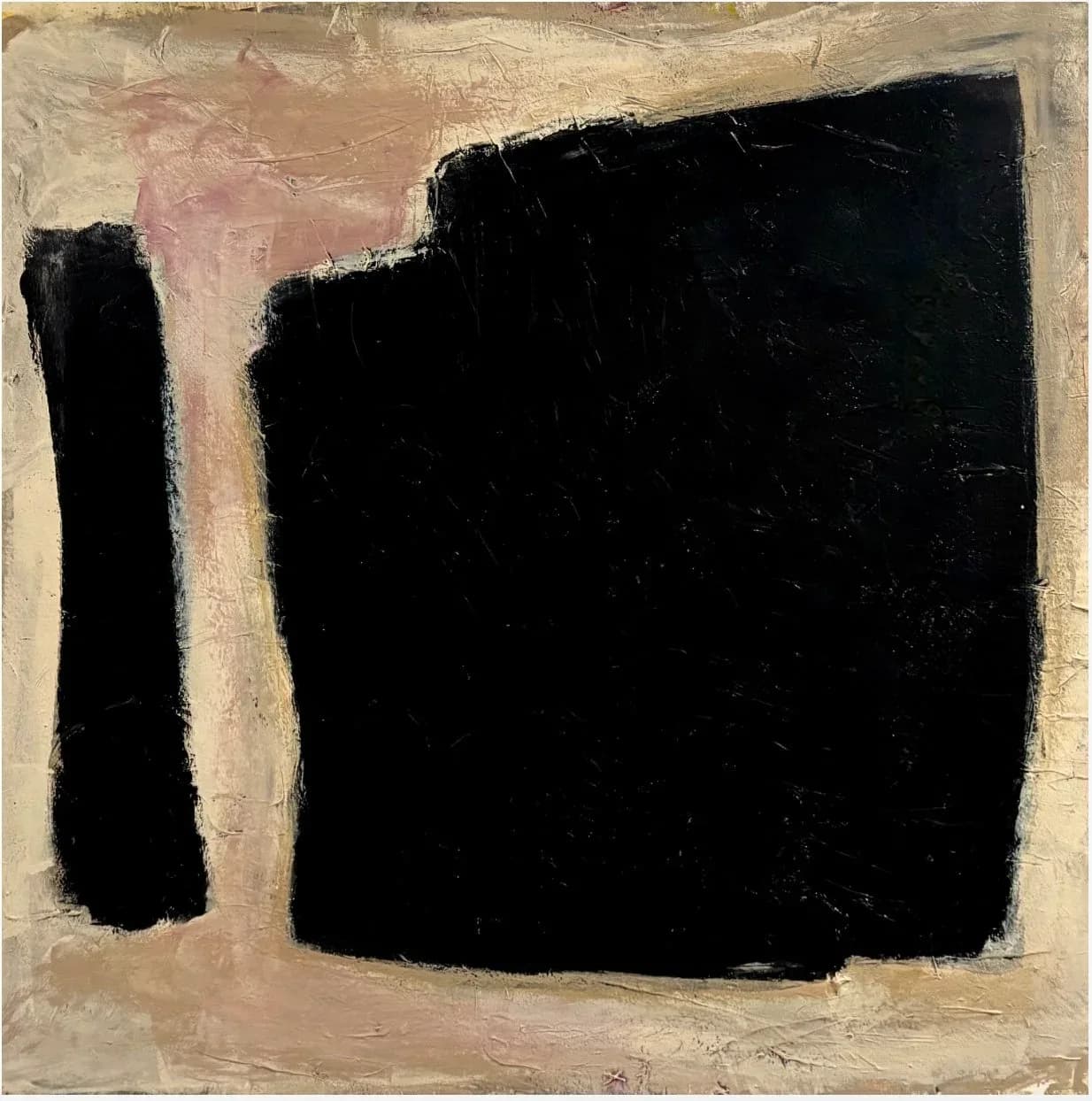 Abstract oil painting with bold black rectangular forms against a warm neutral ground.