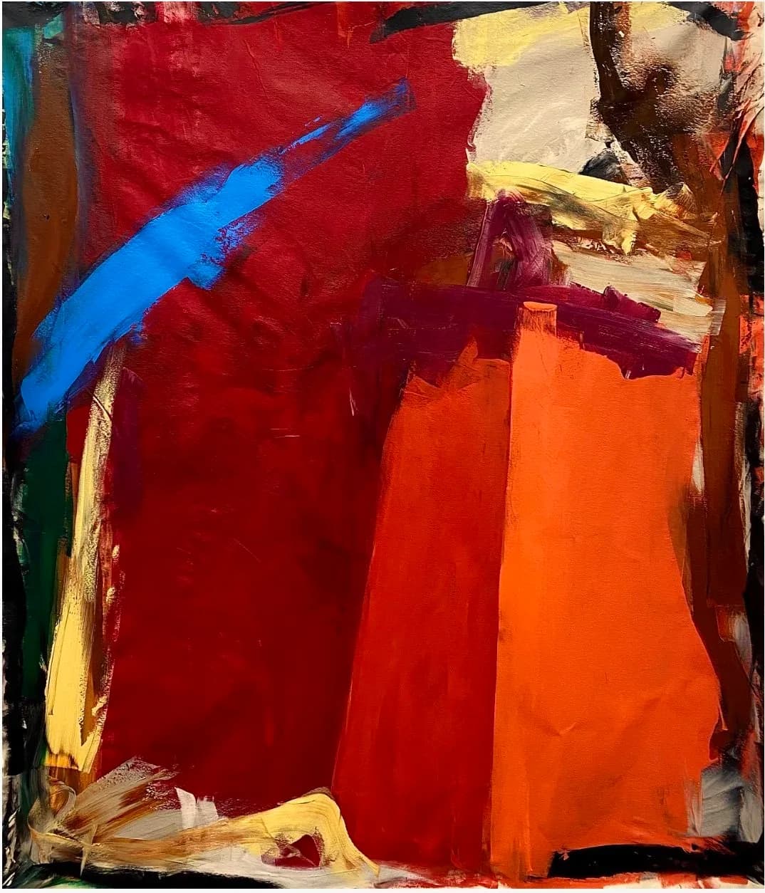 Abstract oil painting with bold gestural brushwork in trinidad red, mariner blue, and orange tones.