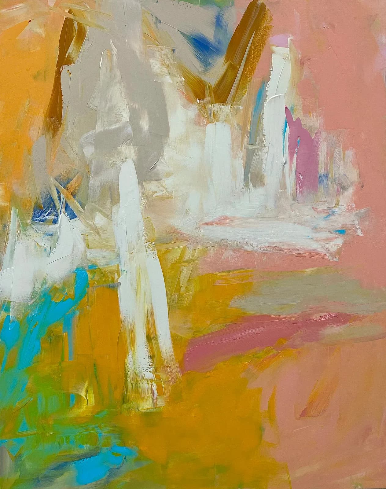 Abstract composition with layered brushstrokes in gold, white, coral, and blue acrylic.