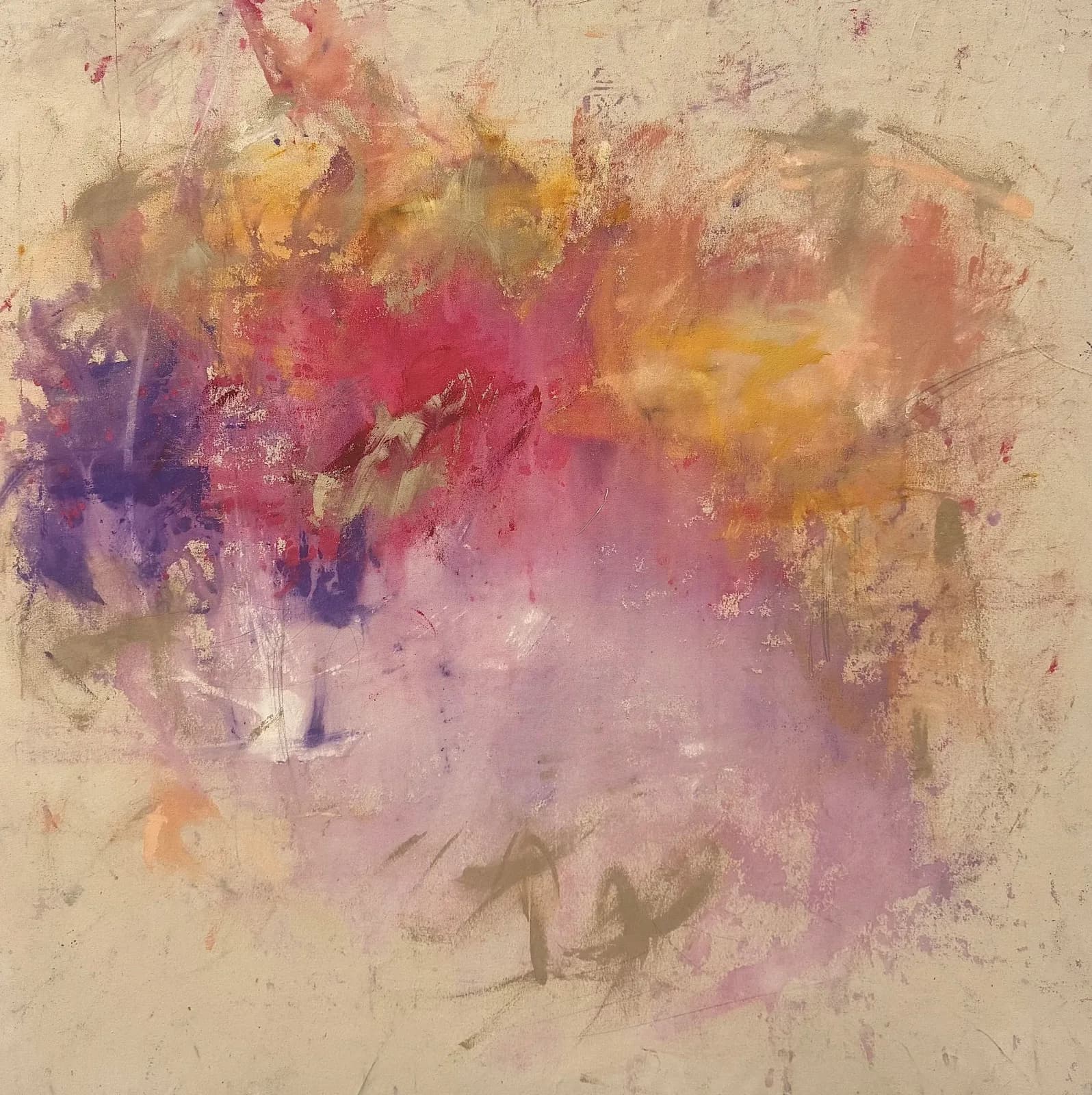 Abstract composition in pink, magenta, and gold with soft, diffused edges on warm cream ground.