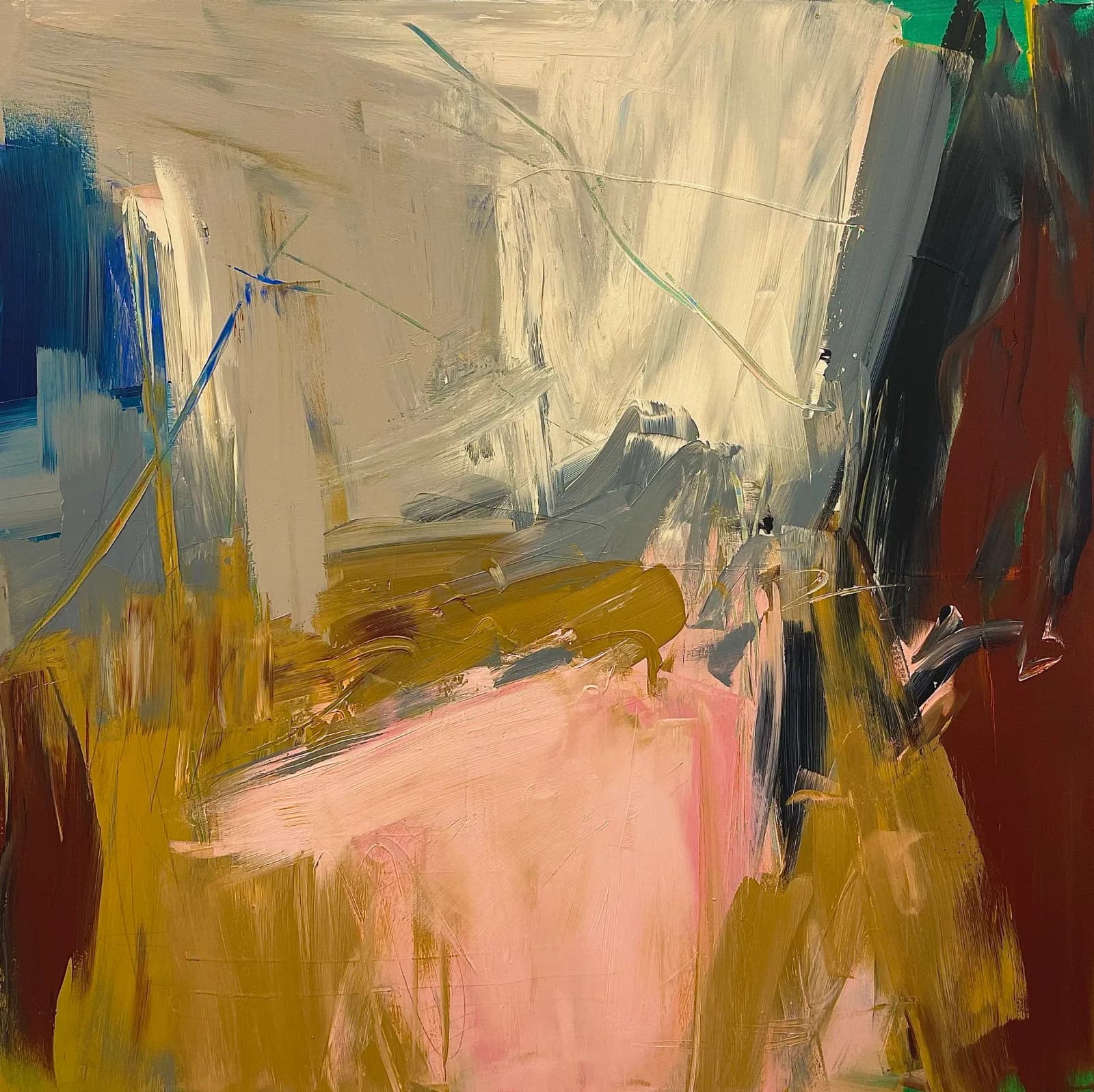 Abstract landscape painting in oil with bold gestural strokes in cream, olive, pink, and deep blue.