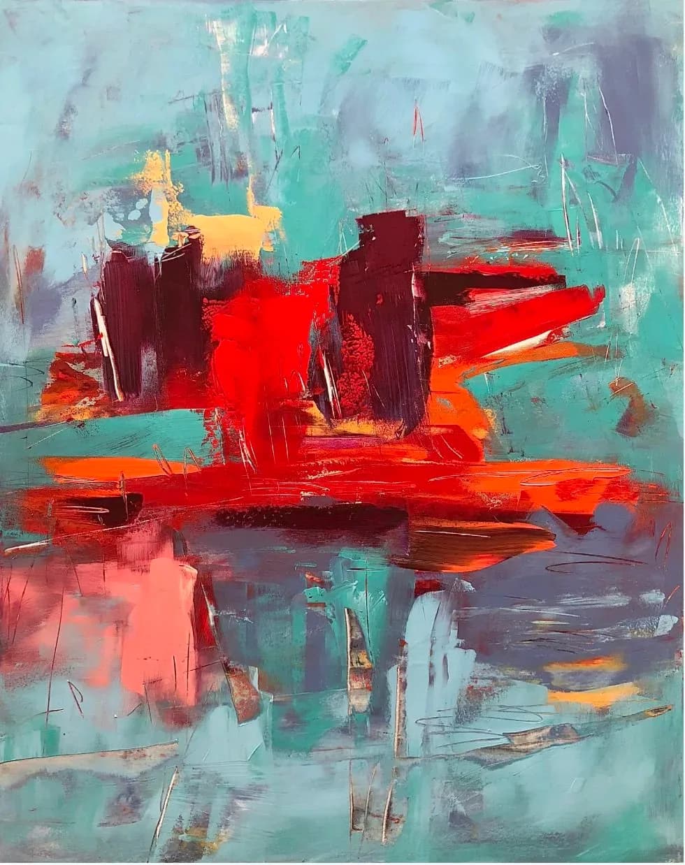 Abstract composition with bold red towers and geometric forms set against turquoise and cascade blue grounds.