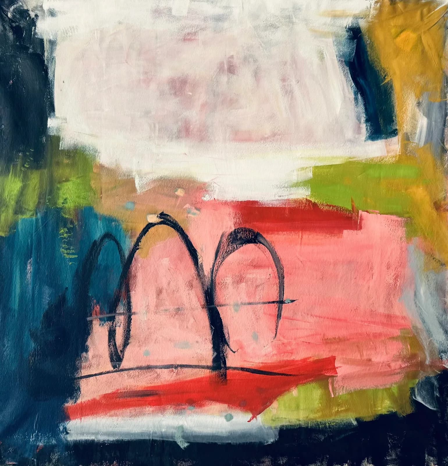 Abstract acrylic painting with bold black linear forms against coral, navy, and chartreuse color fields.