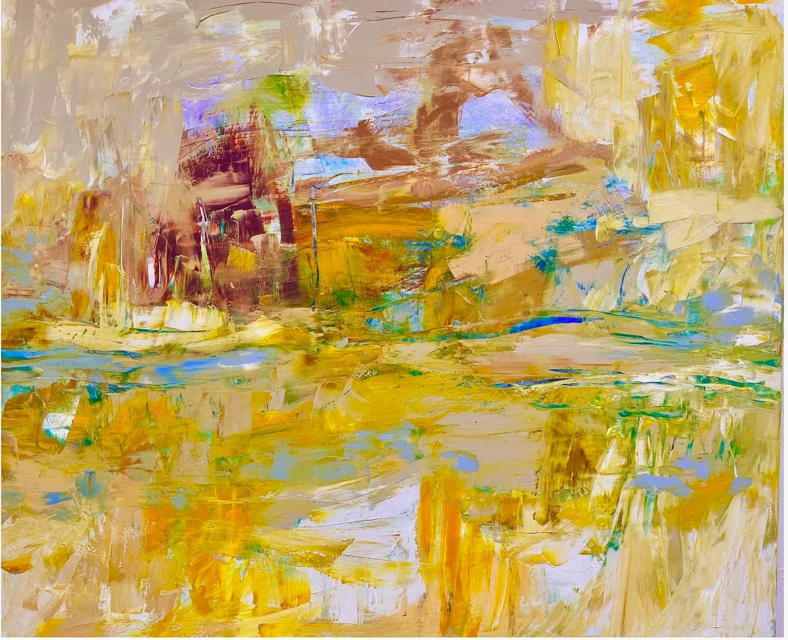 Abstracted canyon landscape with tilted rock formations and golden light, acrylic on canvas.