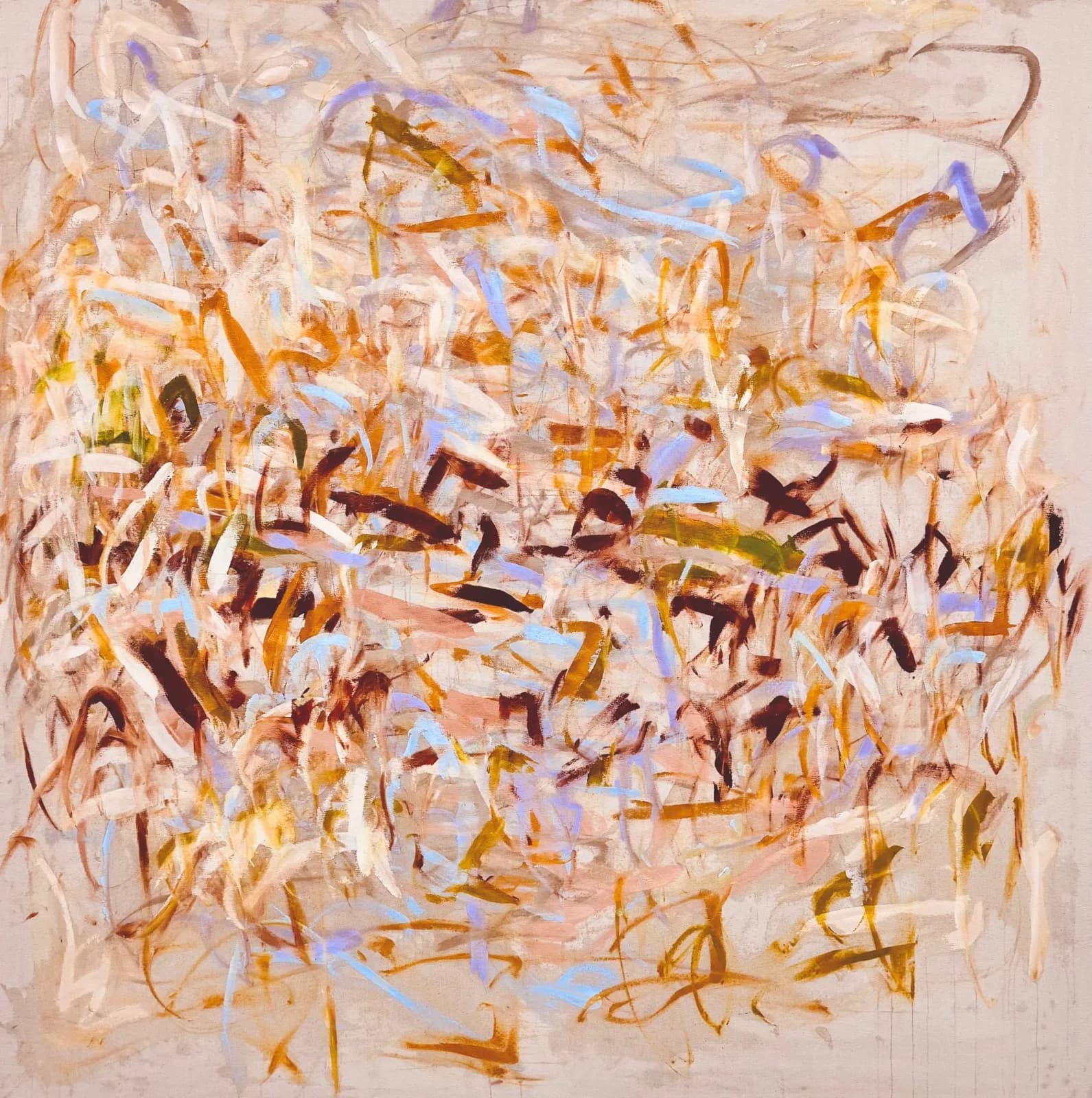 Abstract oil painting with gestural brushstrokes in warm spicy mix and buccaneer tones layered over a bone ground.
