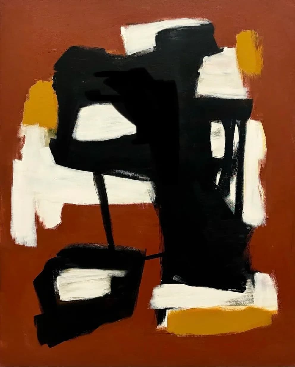 Abstract composition in oil with bold black shapes, cream, and burnt sienna tones.
