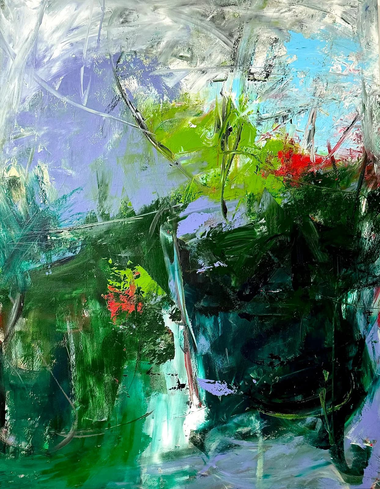 Abstract acrylic painting with layered gestural marks in green, purple, blue, and red tones.