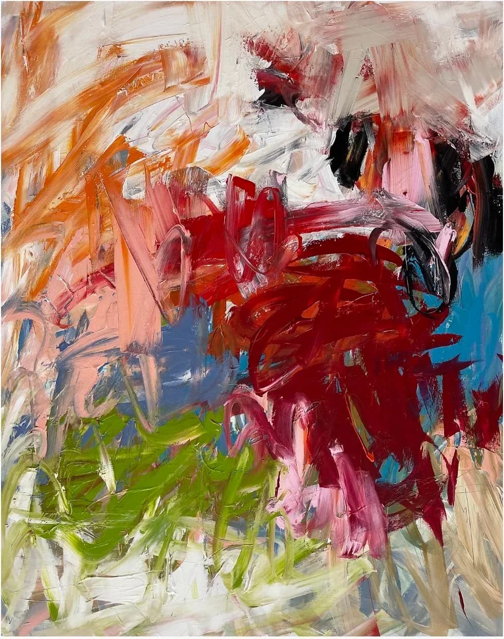 Abstract acrylic painting with gestural brushwork in cherrywood red, orange, and lime green over neutral grounds.