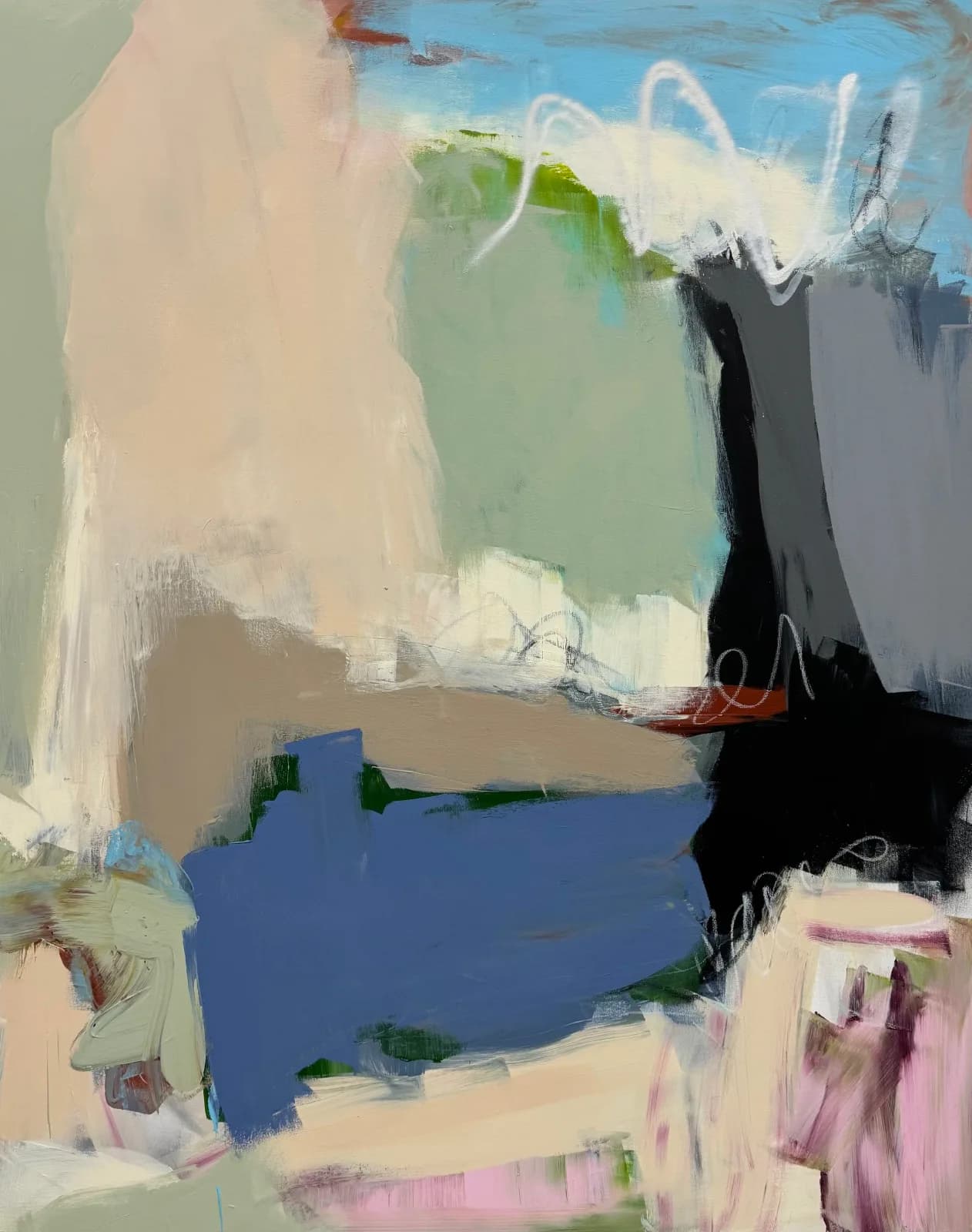 Abstract layered painting with gestural white marks, blue, green, and vanilla tones suggesting a coastal or water-based composition.