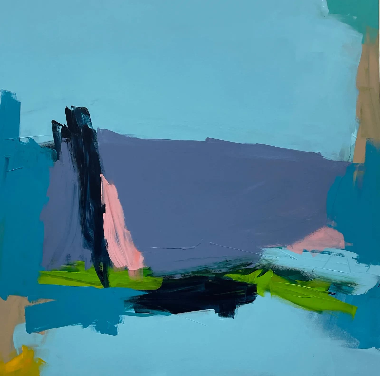 Abstract landscape painting with a tilted dark mountain form set against bright blue and lime-green bands, evoking the Boulder Flatirons.