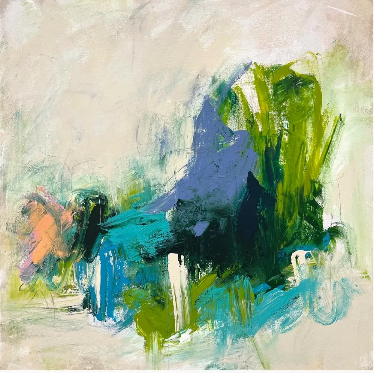 Abstract painting in acrylic with gestural blue, teal, and lime green strokes on a neutral ground.