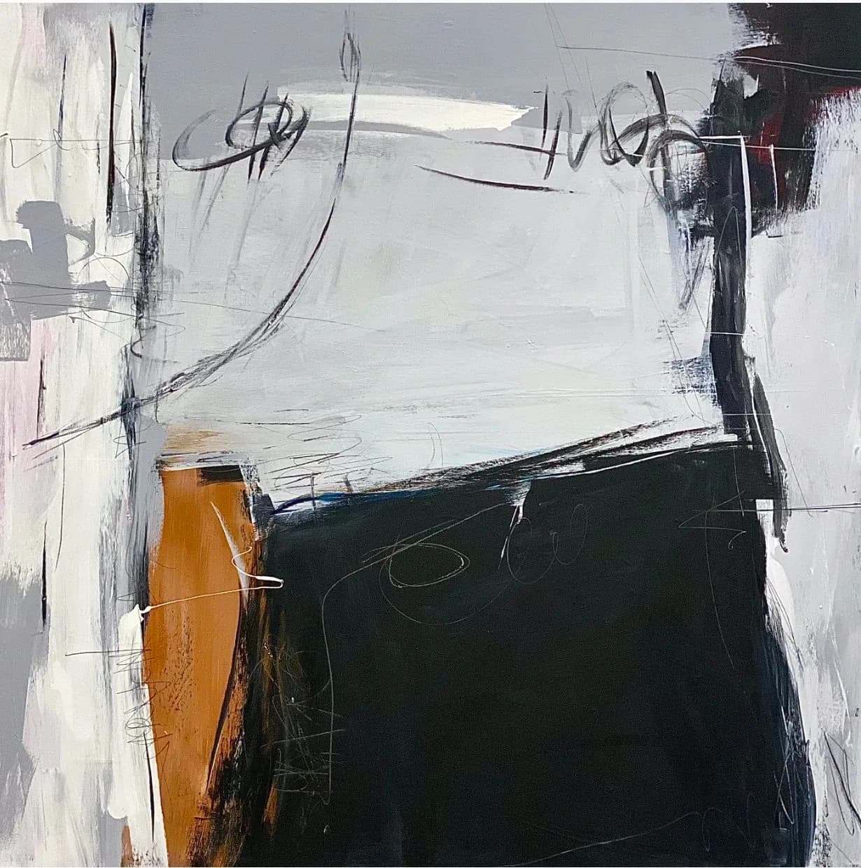 Abstract painting with gestural marks in copper, charcoal, and white acrylic on canvas.