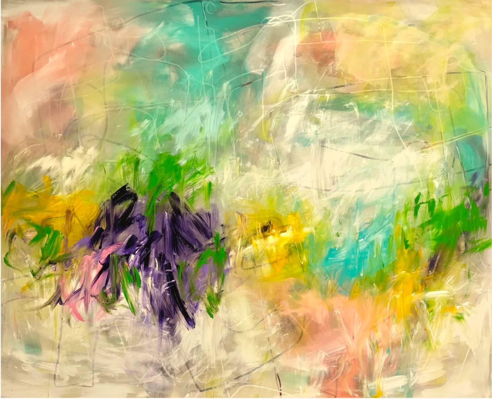 Abstract painting in acrylic with layered gestural marks in purple, citron, and pine cone tones.