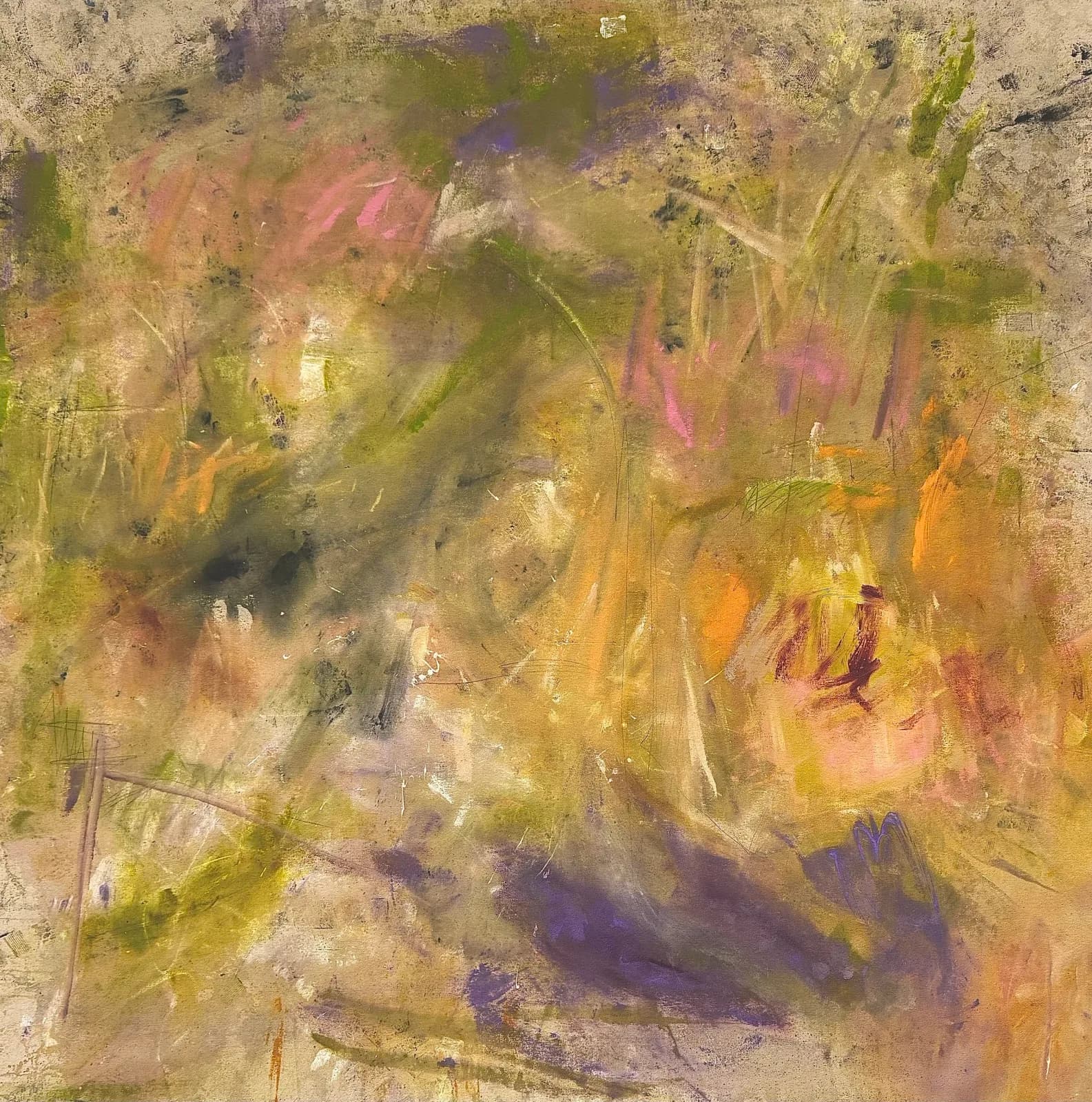 Abstract floral composition with layered gestural marks in acrylic and mixed media, dominated by tussock, driftwood, and muted earth tones.