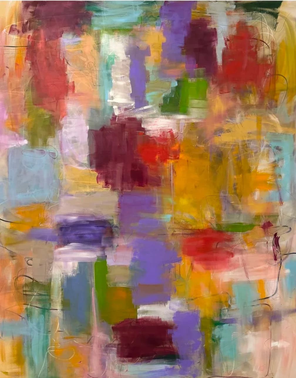 Abstract painting with layered geometric color fields in jewel tones, warm earth hues, and whites.