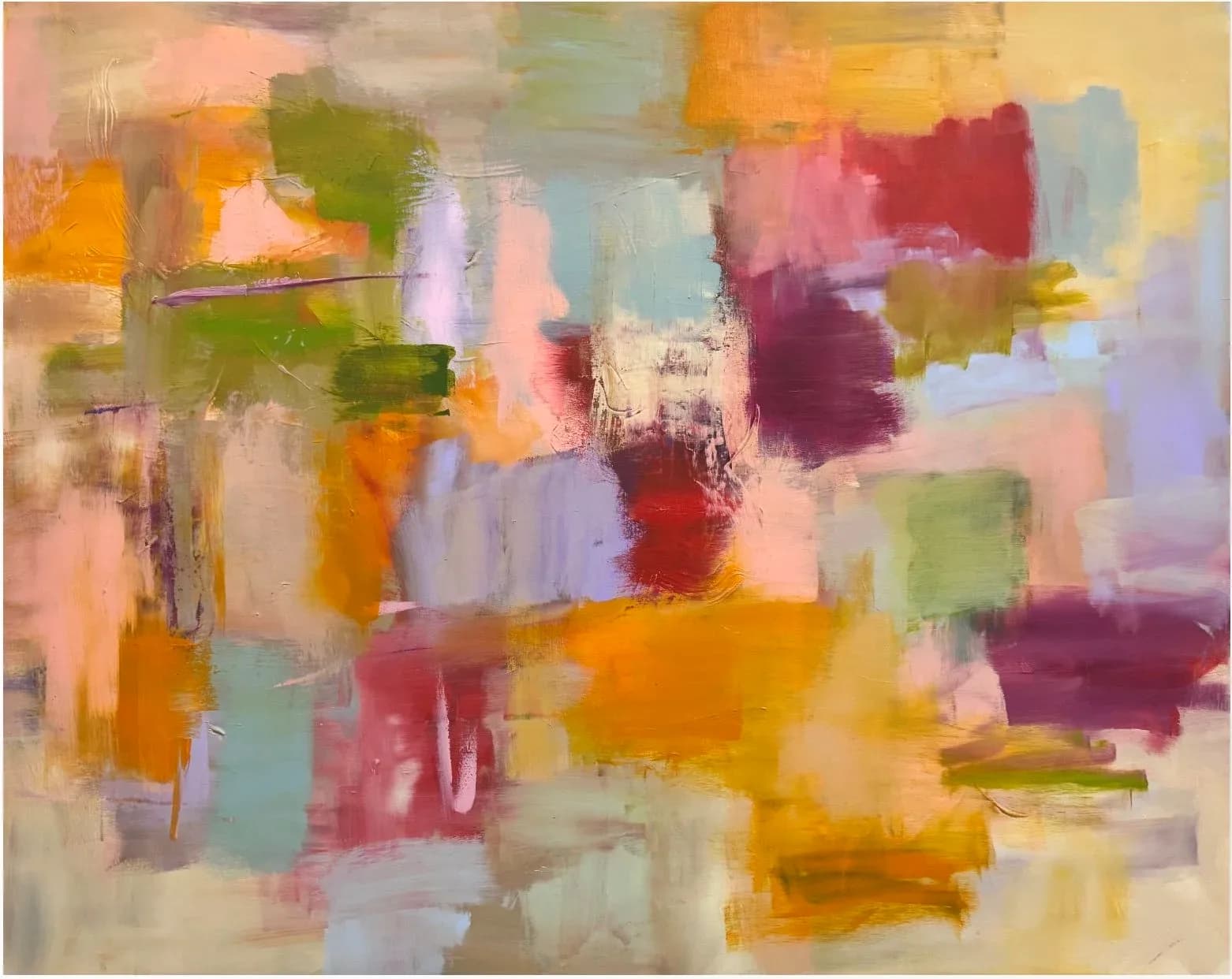 Abstract oil painting with interlocking color fields in brandy, copper, and soft earth tones.