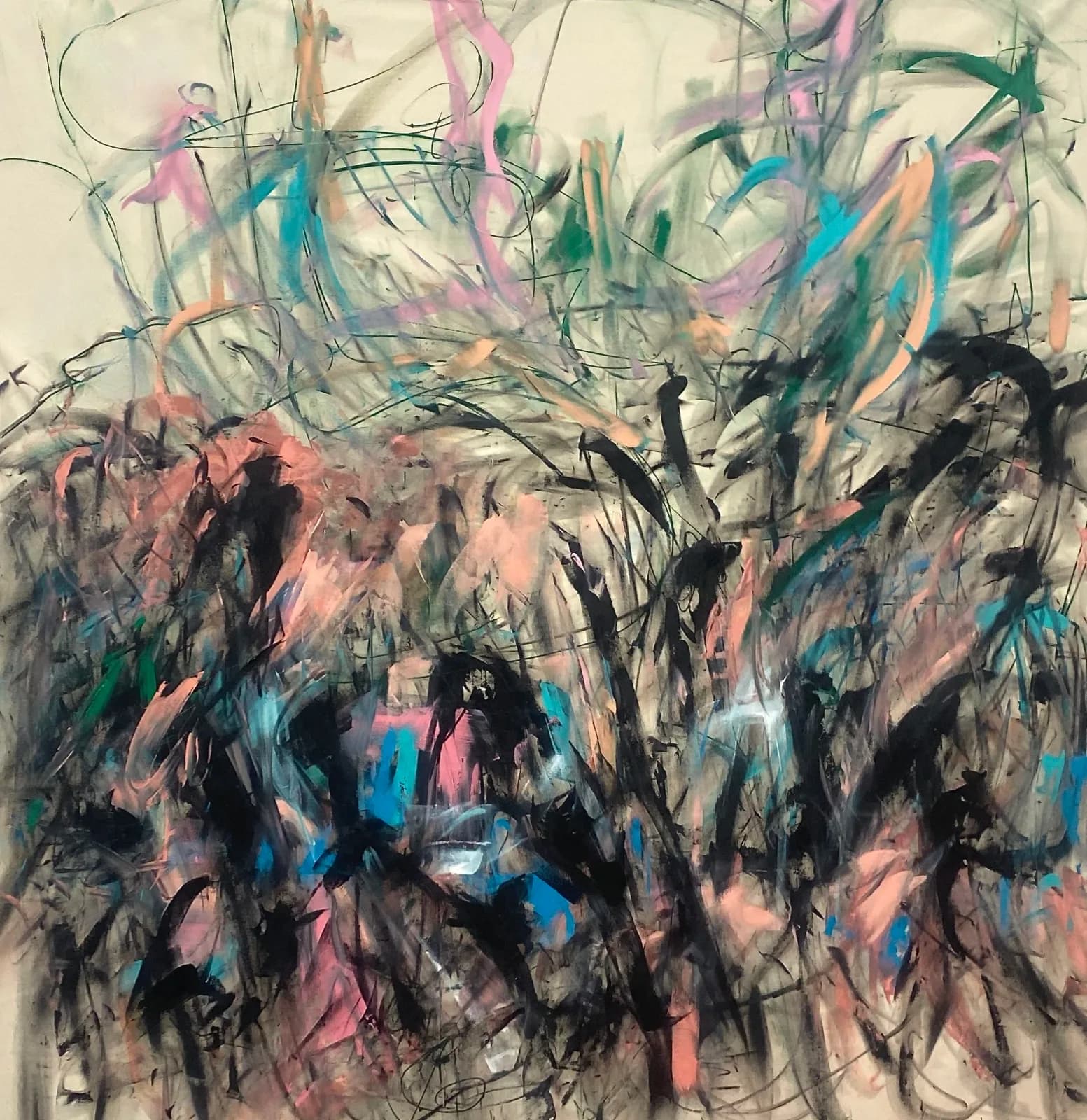 Abstract acrylic painting with gestural marks in pink, black, and blue over a sand-dune ground.