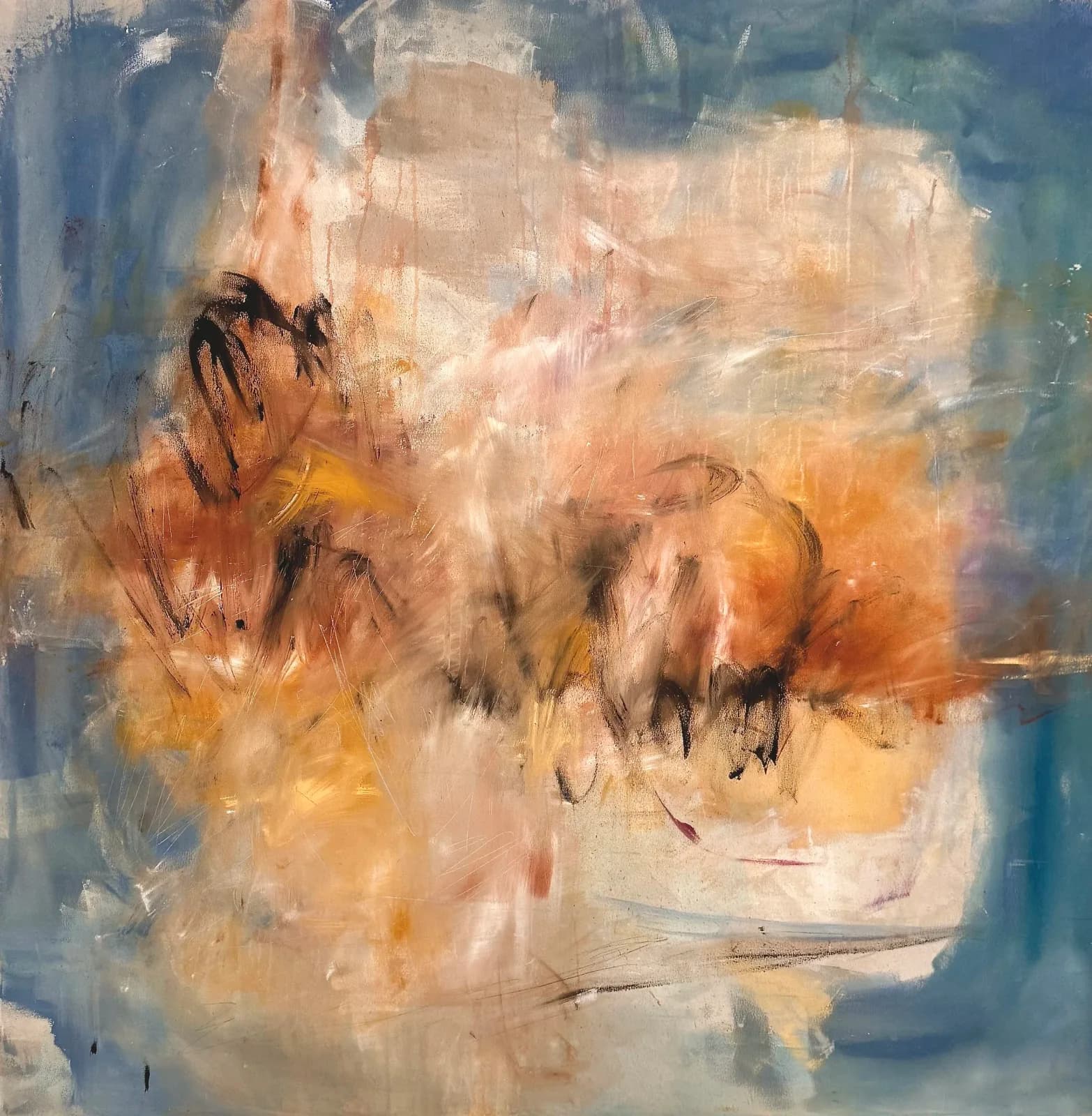 Two horses rendered in loose gestural brushwork, oil paint on canvas with warm ochre and cool blue tones.