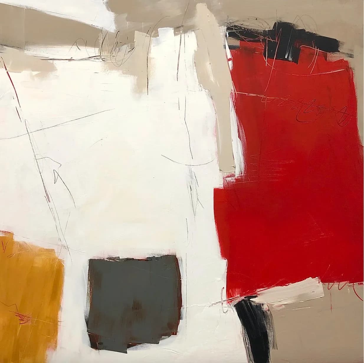 Abstract oil painting with bold tamarillo-red and cream blocks separated by dark and golden linear elements.