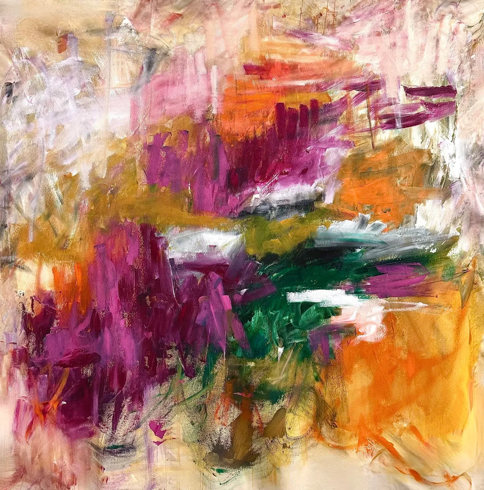 Abstract painting in magenta, ochre, and camelot tones with dynamic gestural brushwork and layered composition.