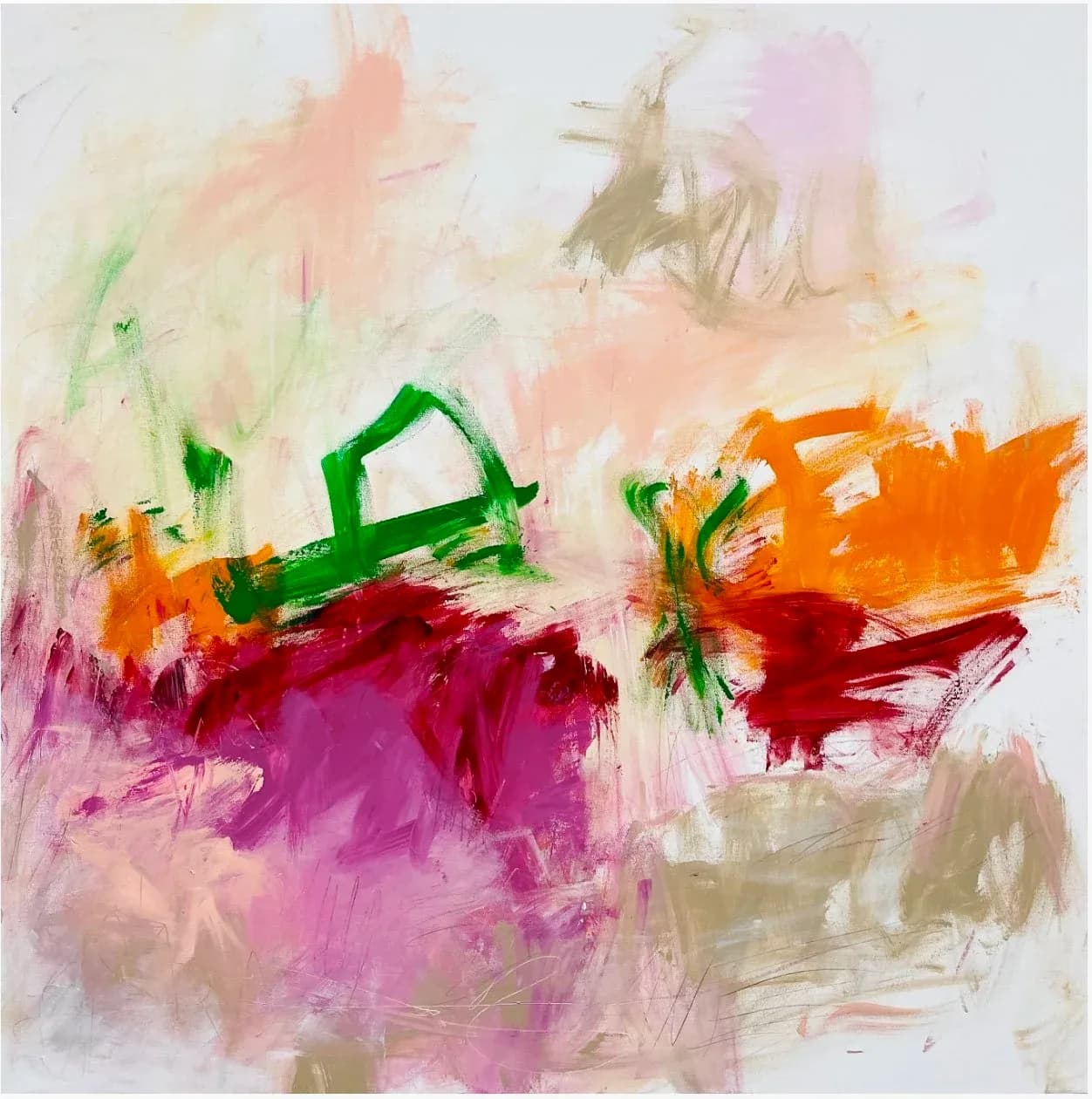 Abstract acrylic painting with gestural brushstrokes in bright green, orange, magenta, and neutral tones.