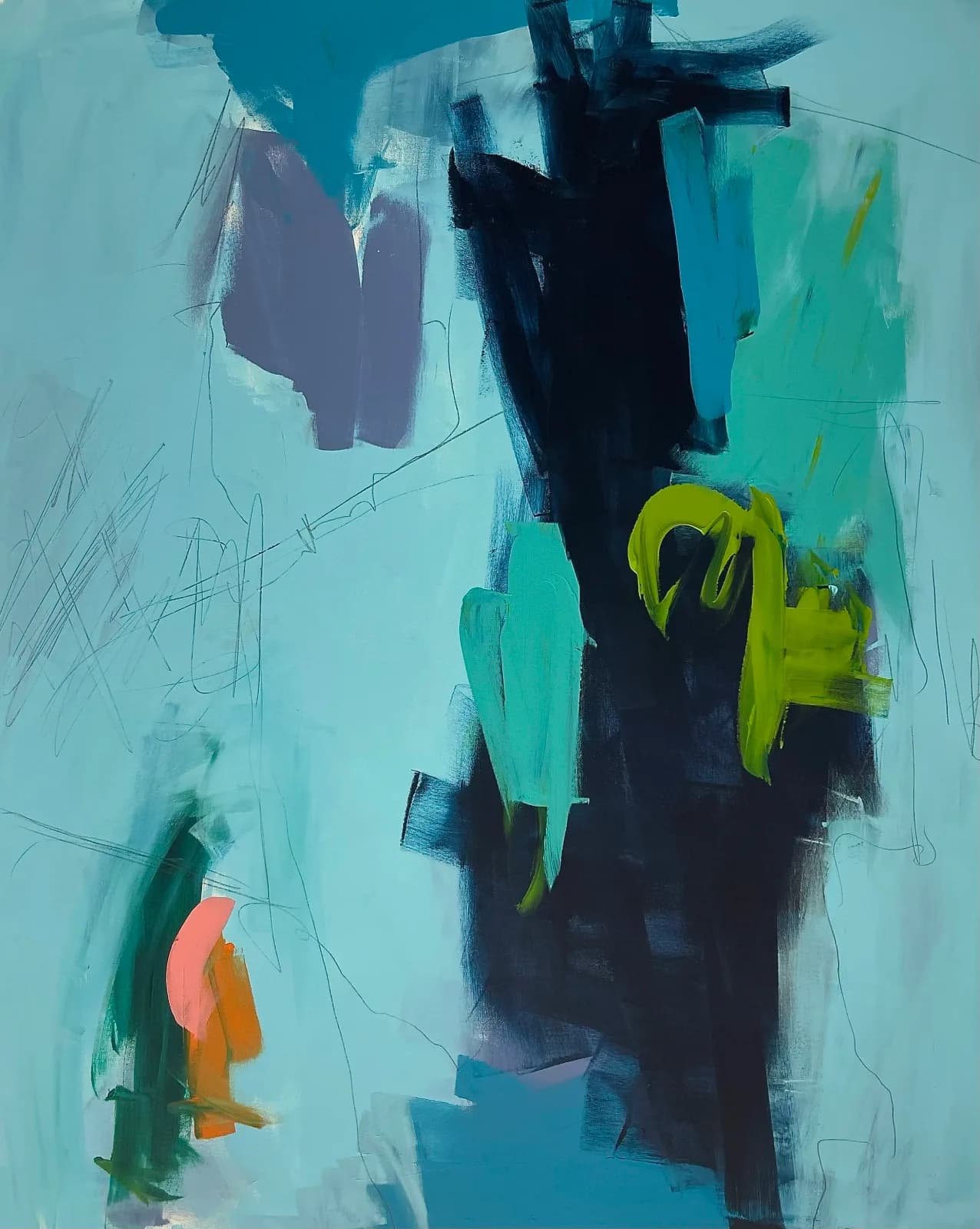 Abstract painting with gestural marks in blue, lime green, and coral over layered geometric forms.