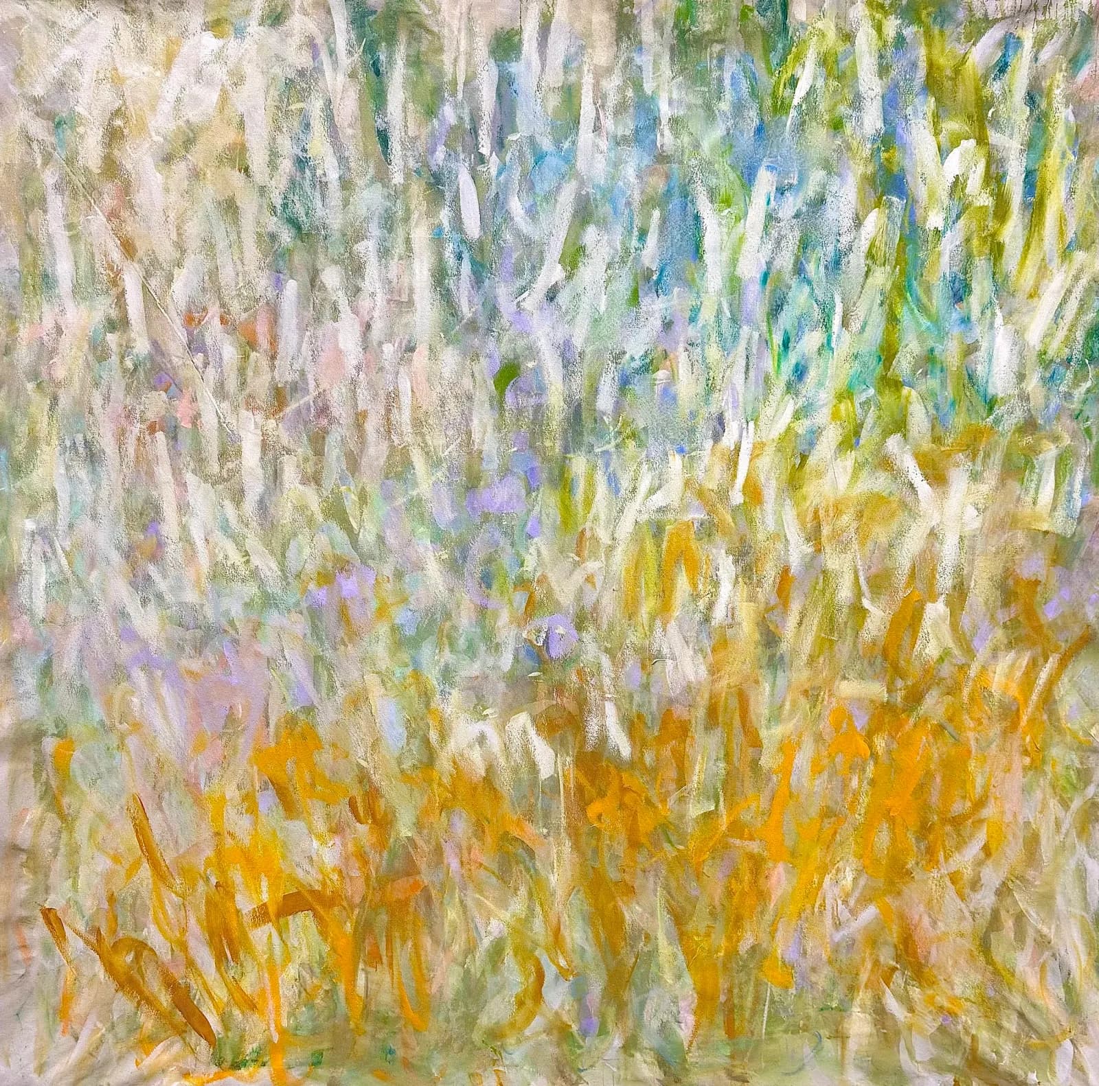 Abstract painting with layered gestural marks in marigold, chartreuse, lavender, and pale earth tones.