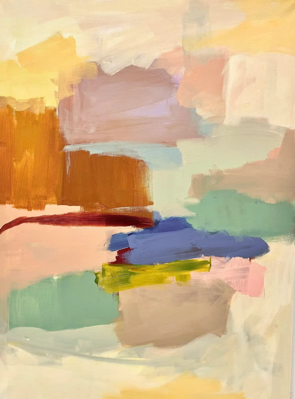 Abstract painting with overlapping horizontal brushstrokes in wheat, burnt umber, and seafoam tones.