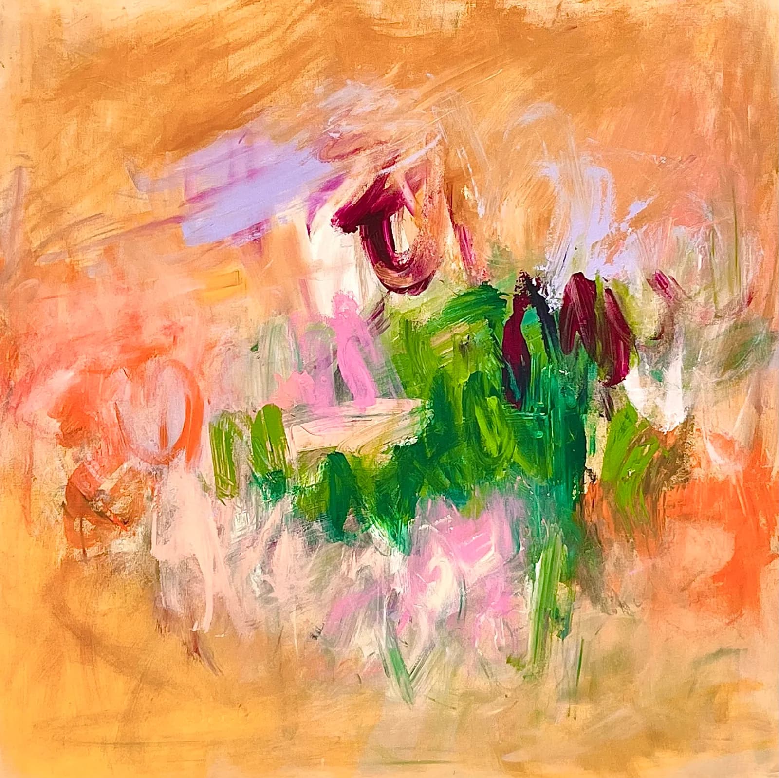 Abstract floral composition with gestural brushstrokes in warm orange, green, and deep red tones.