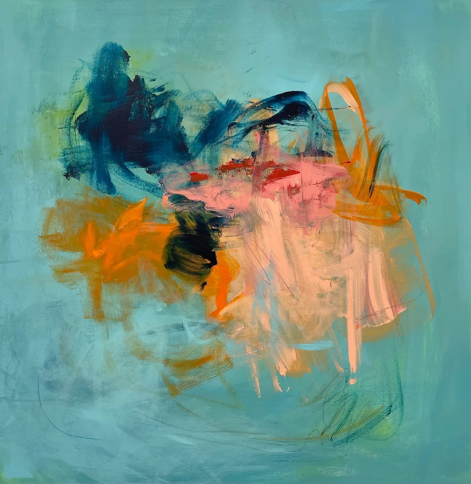 Abstracted portrait in turquoise, ochre, and coral with gestural brushwork and layered composition.