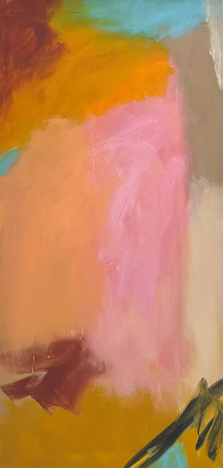 Abstract painting in warm tones of pink, ochre, and Mandalay orange with gestural brushwork and color field transitions.