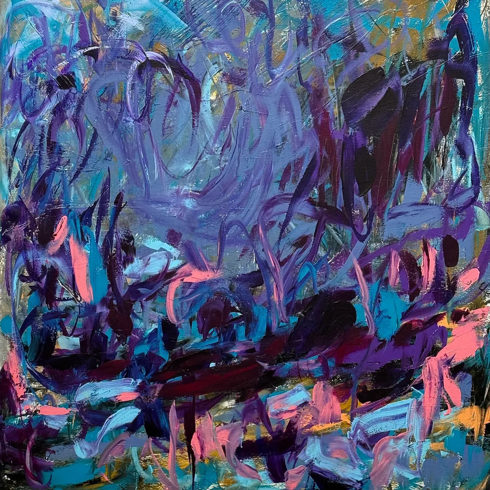 Abstract painting with gestural brushwork in purple, turquoise, pink, and black acrylic.