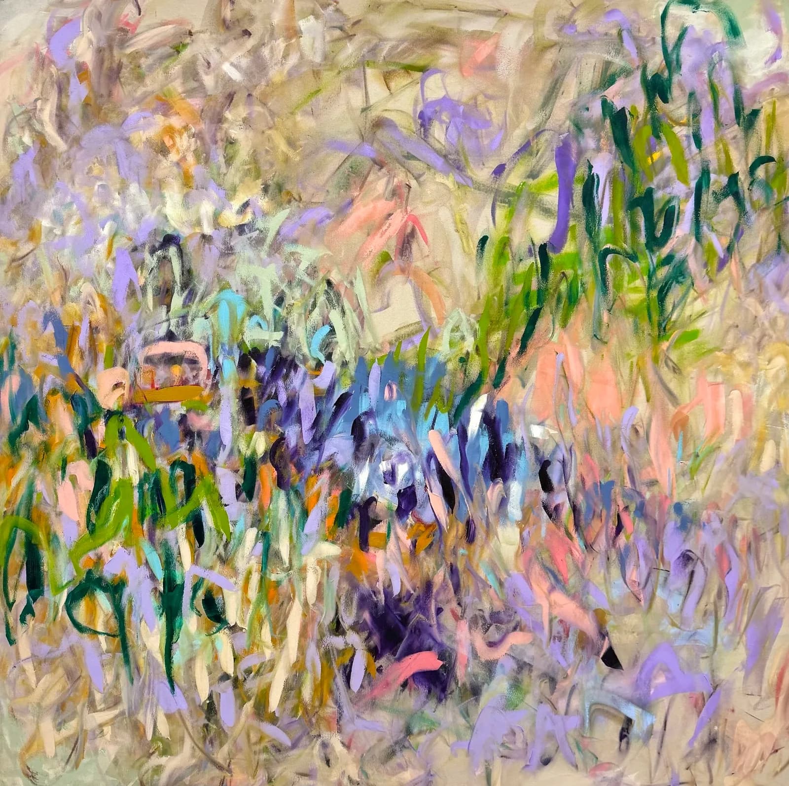 Oil painting of purple and lavender irises in a lush garden rendered in loose, impressionistic brushwork.