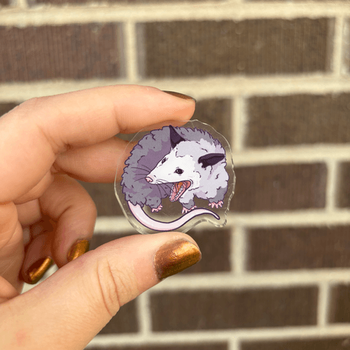 Hand-painted opossum portrait on a glass and metal pin brooch.